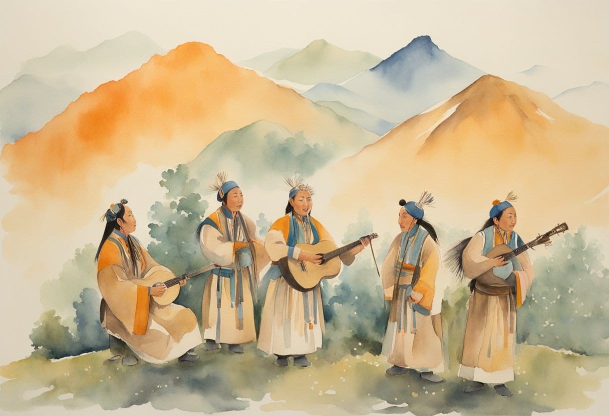 A group of Tuva healers perform throat singing, creating a mesmerizing and harmonious sound that resonates through the tranquil landscape