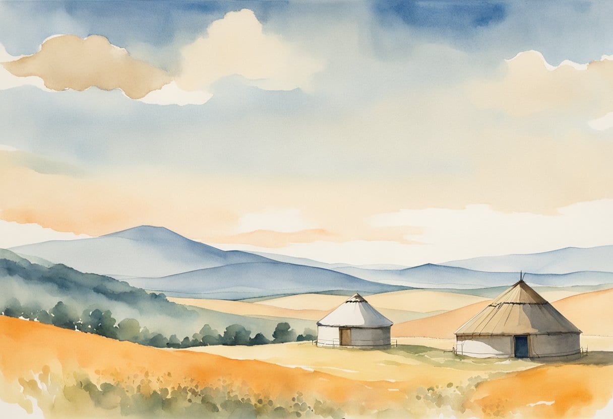 A serene landscape with rolling hills, a clear blue sky, and a lone yurt in the distance, surrounded by the peaceful sounds of throat singing