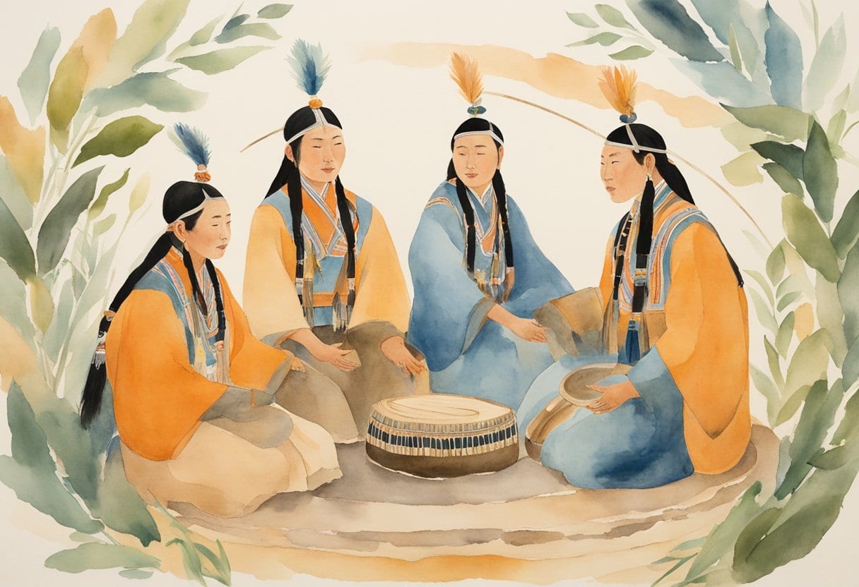 A group of Tuva healers perform throat singing in a circle, surrounded by traditional instruments and healing herbs