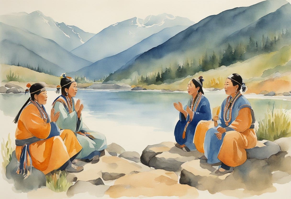 A group of Tuva healers perform throat singing therapy in a tranquil, natural setting, surrounded by mountains and flowing rivers