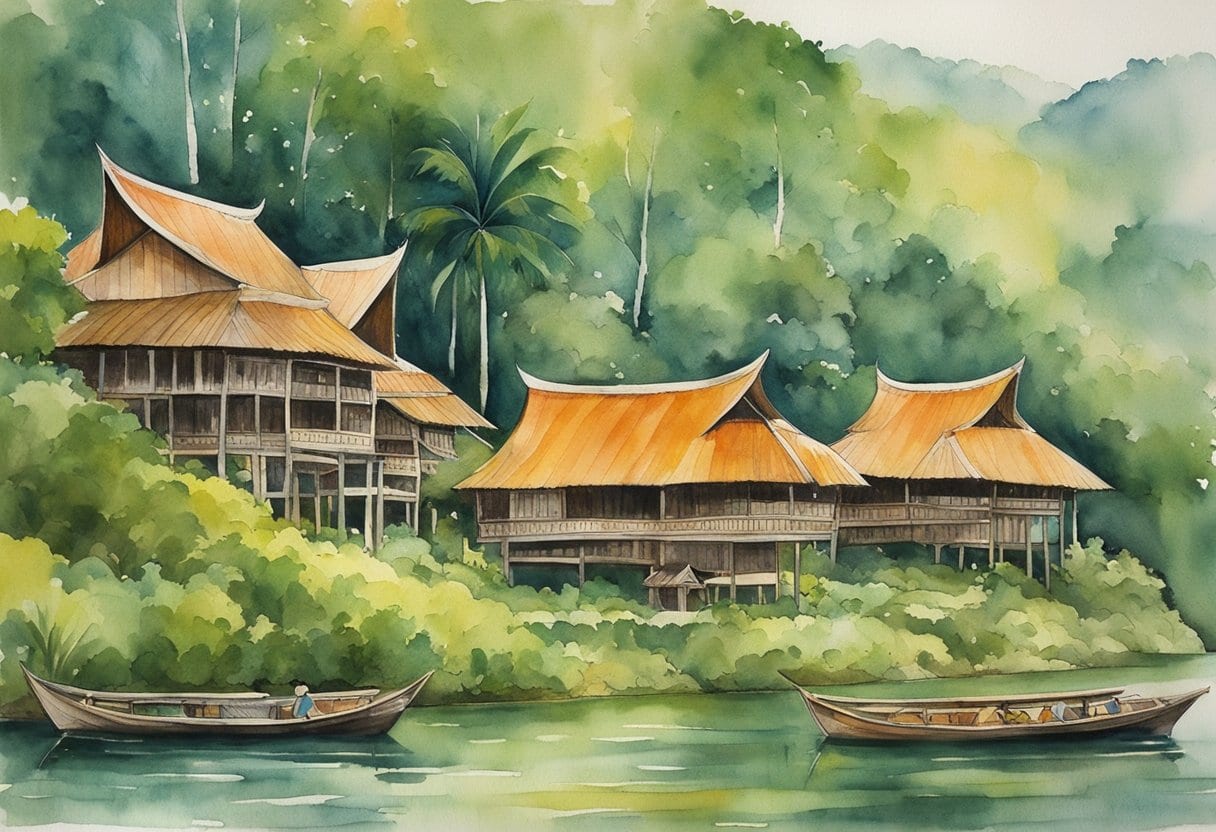 Traditional Tongkonan houses with distinctive boat-shaped roofs, adorned with intricate carvings and vibrant colors, nestled in the lush green landscape of Toraja, Indonesia