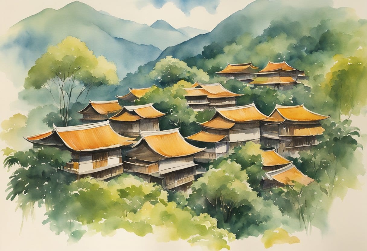 A cluster of Tongkonan houses with distinct boat-shaped roofs, surrounded by lush greenery and towering mountains in the background