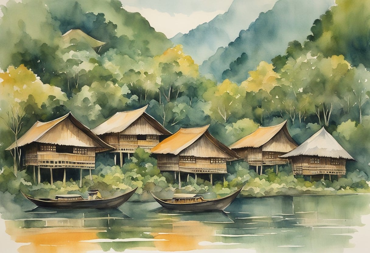 A cluster of Tongkonan houses with boat-shaped roofs, surrounded by lush greenery in the Toraja region of Indonesia
