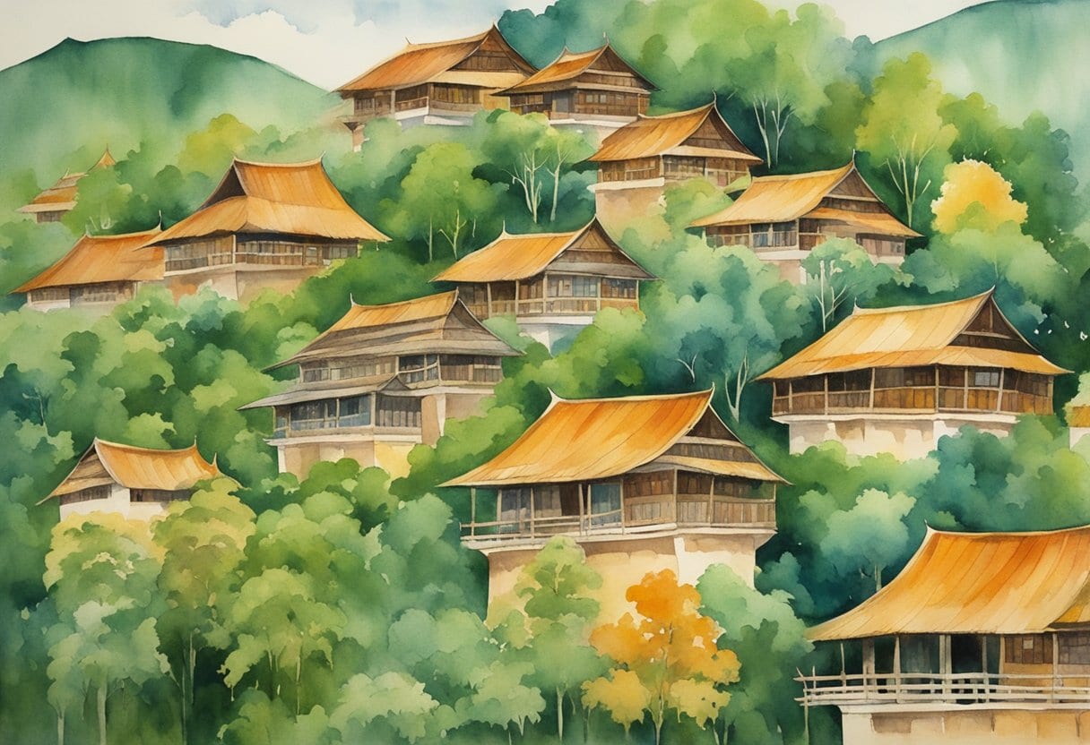 A row of vibrant Tongkonan houses against a lush green landscape, adorned with intricate traditional Toraja patterns and symbols, reflecting the rich cultural heritage of Indonesia