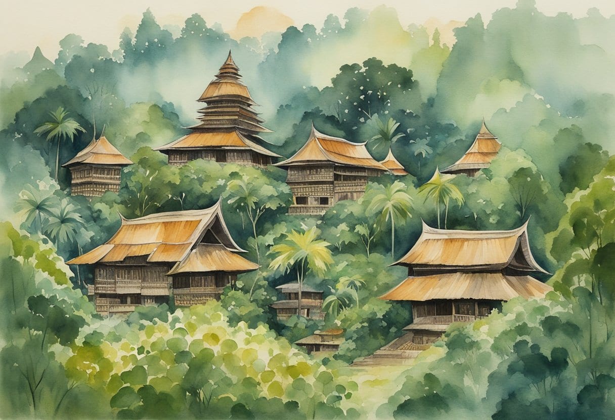 A group of Tongkonan houses surrounded by lush greenery, with intricate carvings and peaked roofs, showcasing the unique Toraja architecture of Indonesia
