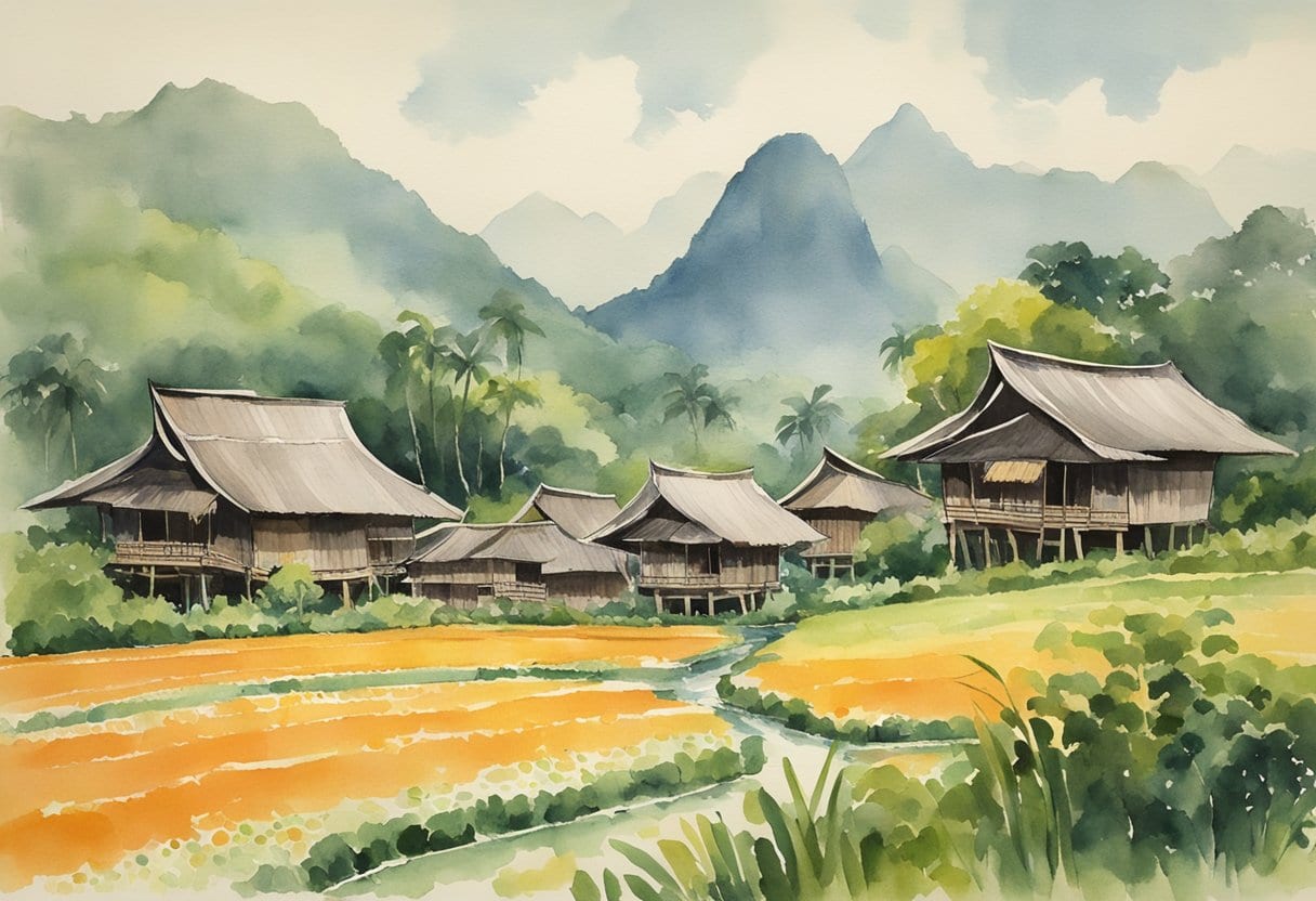 Traditional Toraja houses with distinctive boat-shaped roofs, surrounded by lush rice fields and towering mountains