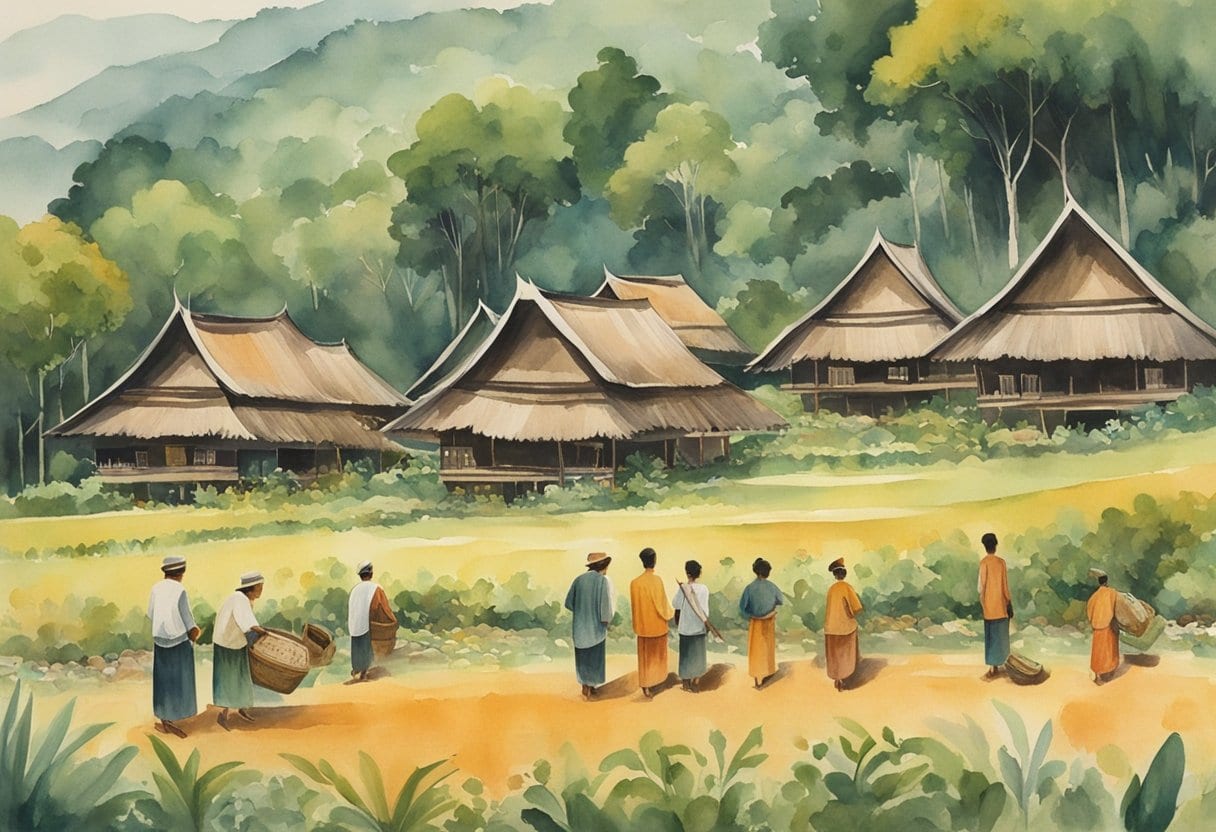 A row of ornate Tongkonan houses surrounded by lush greenery, with villagers participating in traditional Toraja funeral ceremonies