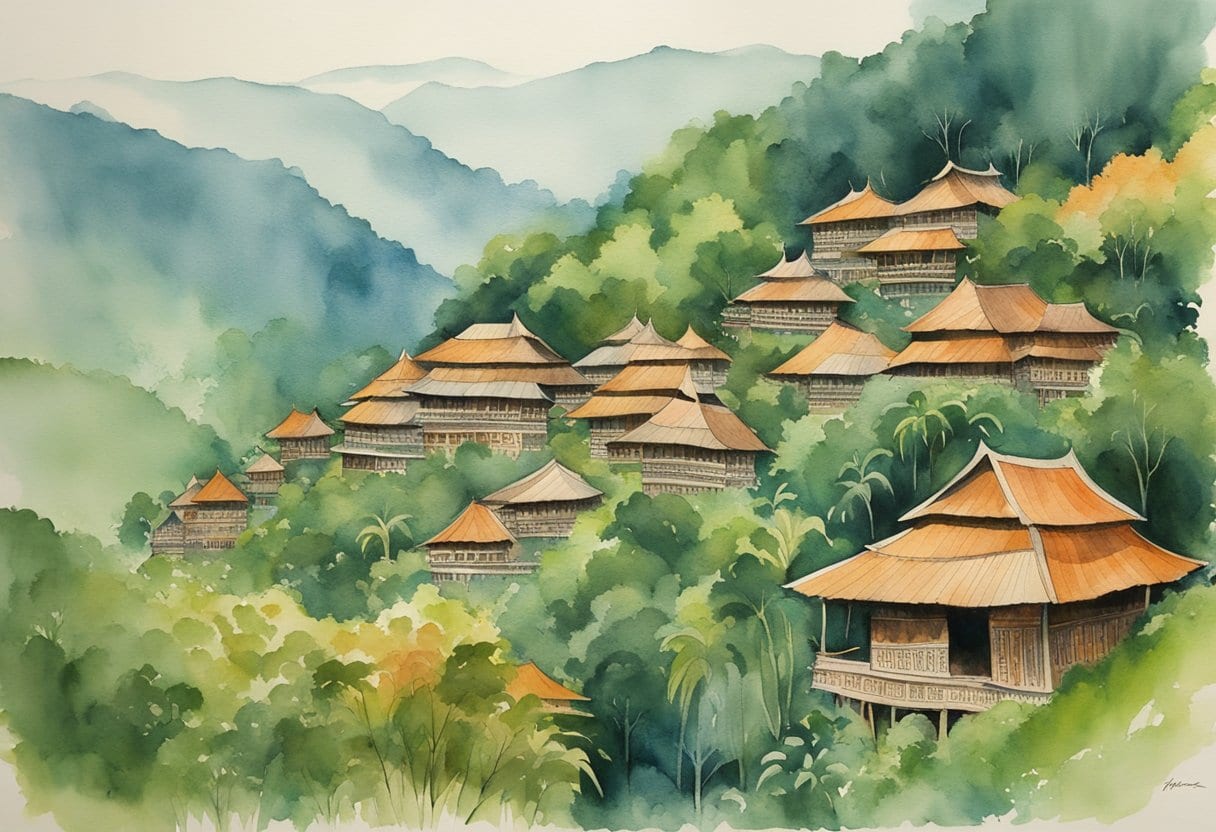 A row of Tongkonan houses nestled among lush green hills, adorned with intricate carvings and vibrant colors, embodying the rich Indonesian traditions of Toraja architecture