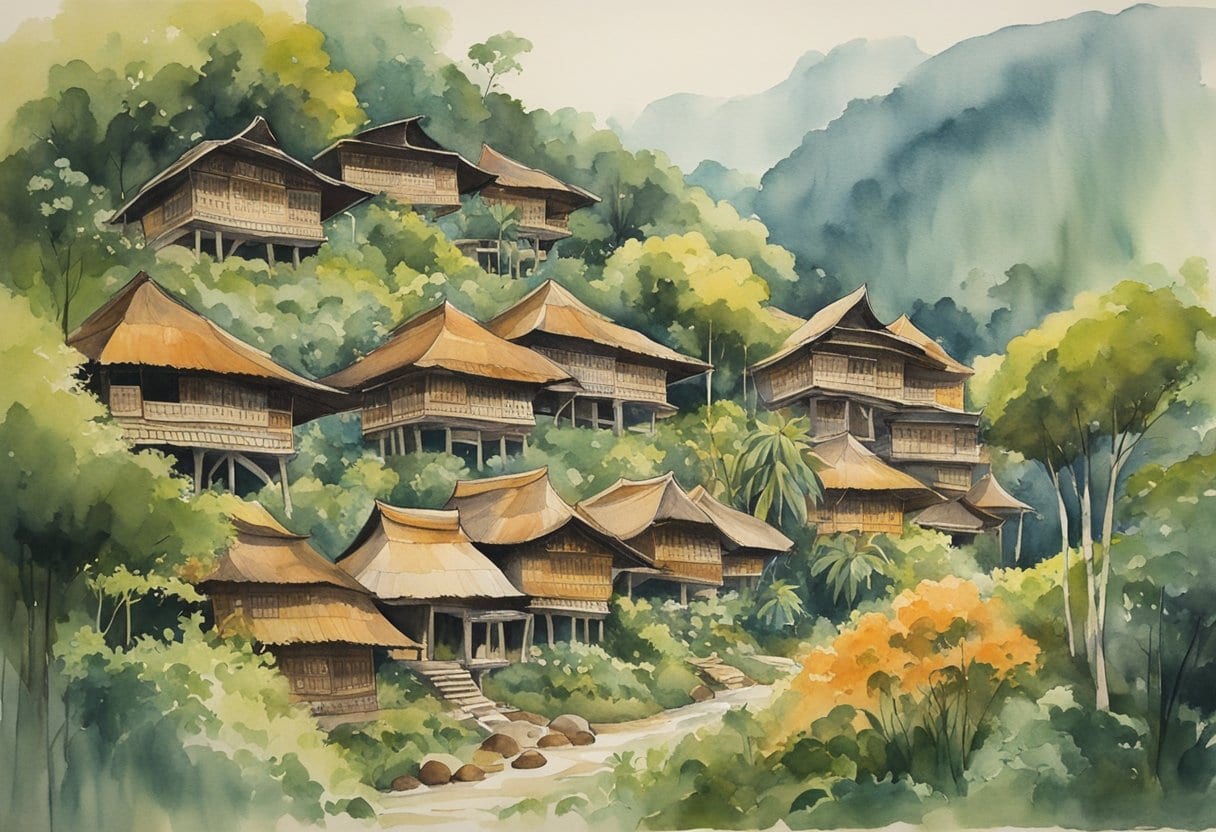 A cluster of tongkonan houses with distinctive curved roofs and intricate carvings, surrounded by lush greenery in the Toraja region of Indonesia