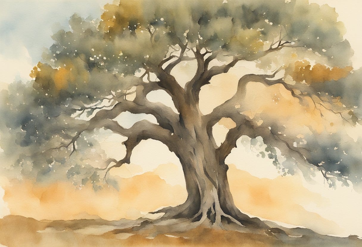 An elderly tree stands tall, weathered by time yet resilient, its branches reaching upwards towards the sunlight, symbolizing hope and inspiration