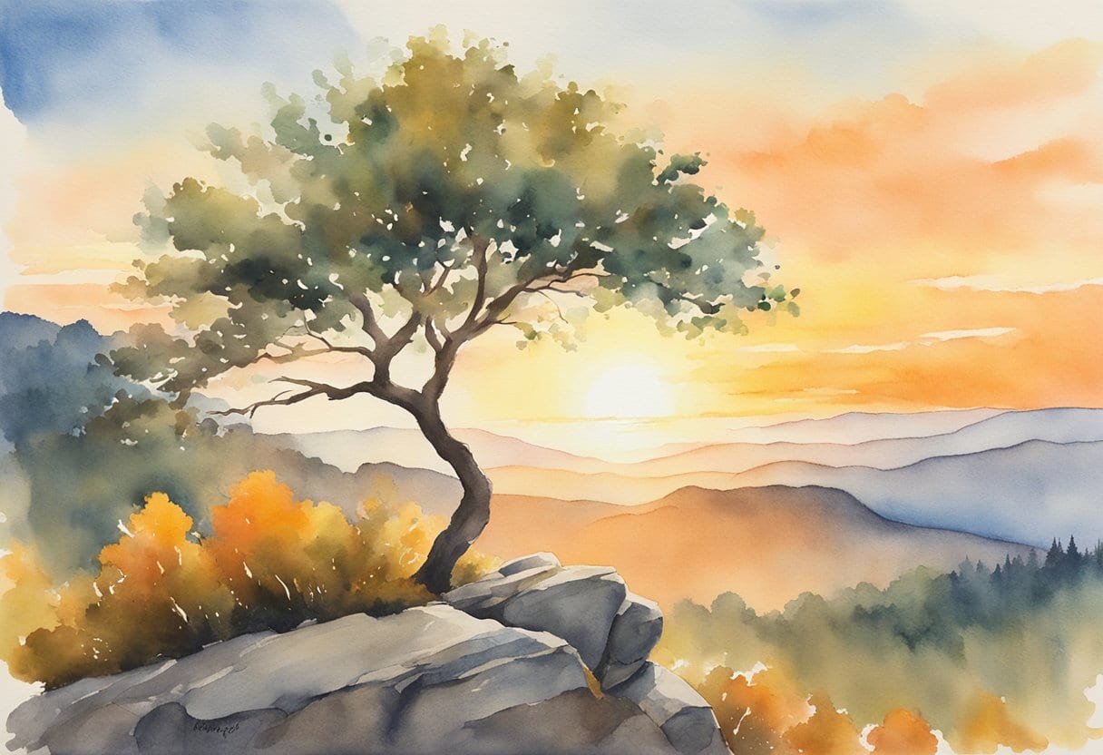 A lone tree stands tall on a rocky cliff, with a vibrant sunrise casting a warm glow over the landscape, symbolizing resilience and hope