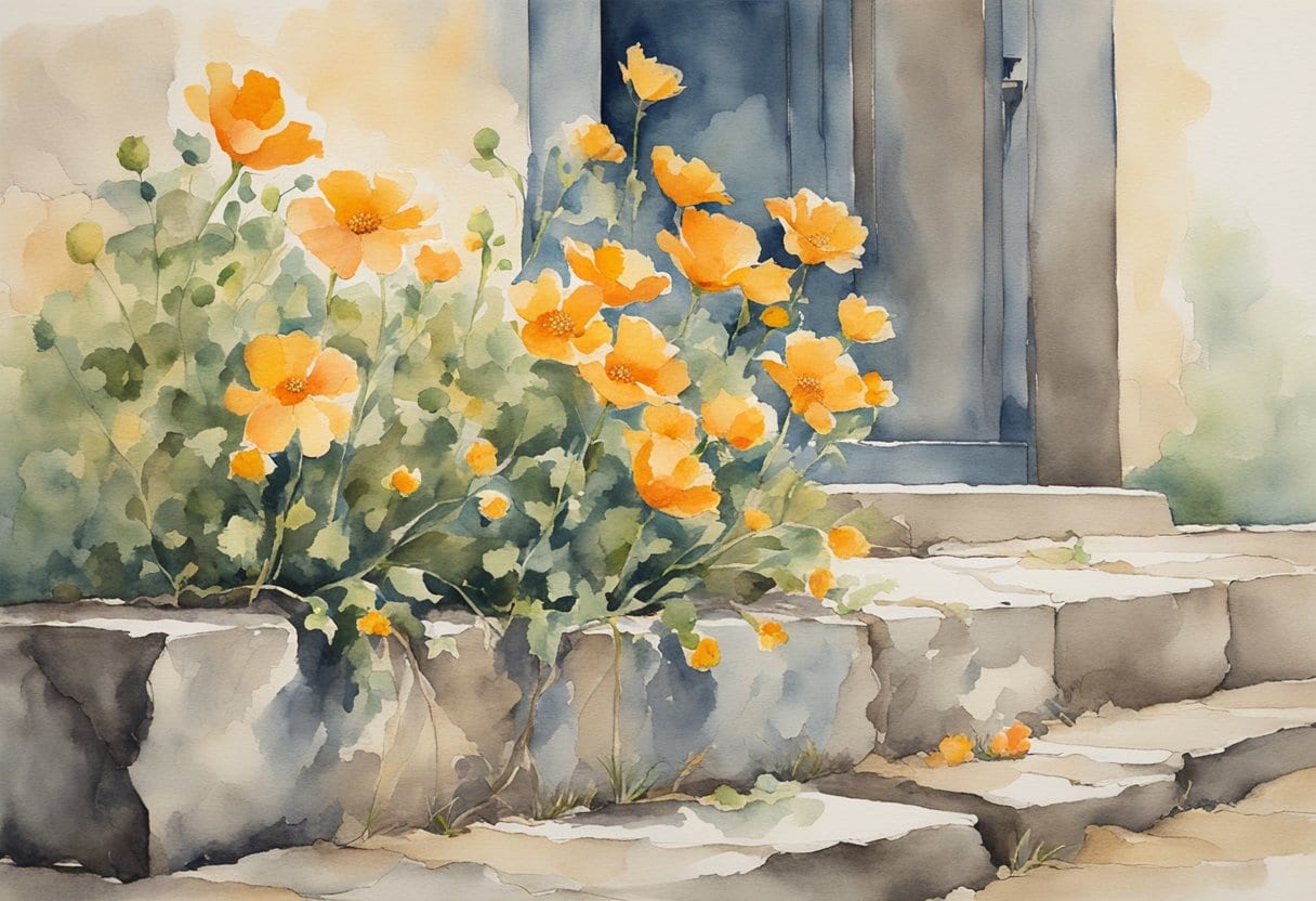 A group of blooming flowers emerging from the cracks of a weathered sidewalk, symbolizing resilience and hope for seniors