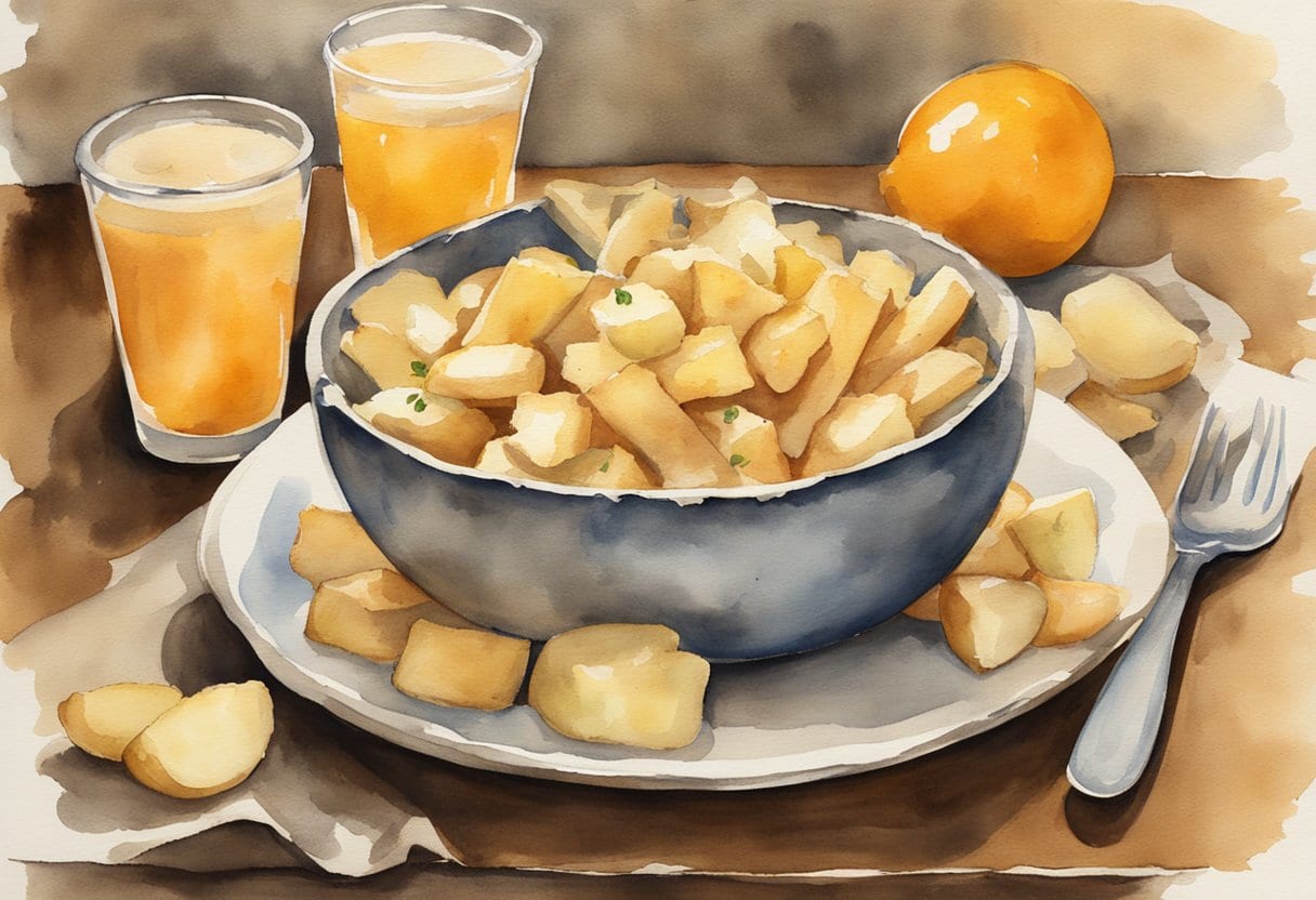 A rustic wooden table set with a steaming bowl of Acadian poutine Ã  la rÃ¢pure, topped with white grated potato, representing Canadian comfort food