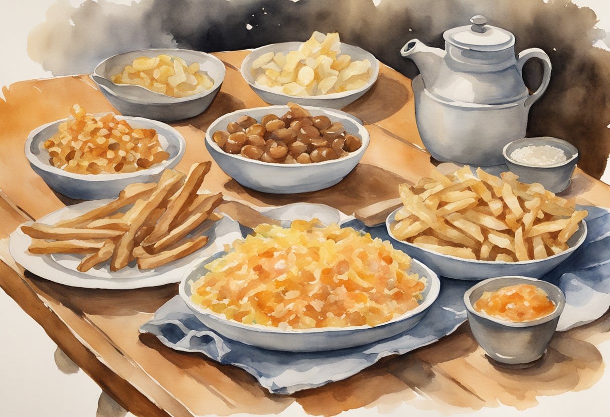 A rustic wooden table set with a steaming plate of traditional Poutine Râpée, surrounded by grated potato dishes and salt pork, evoking the comfort of Canadian cuisine