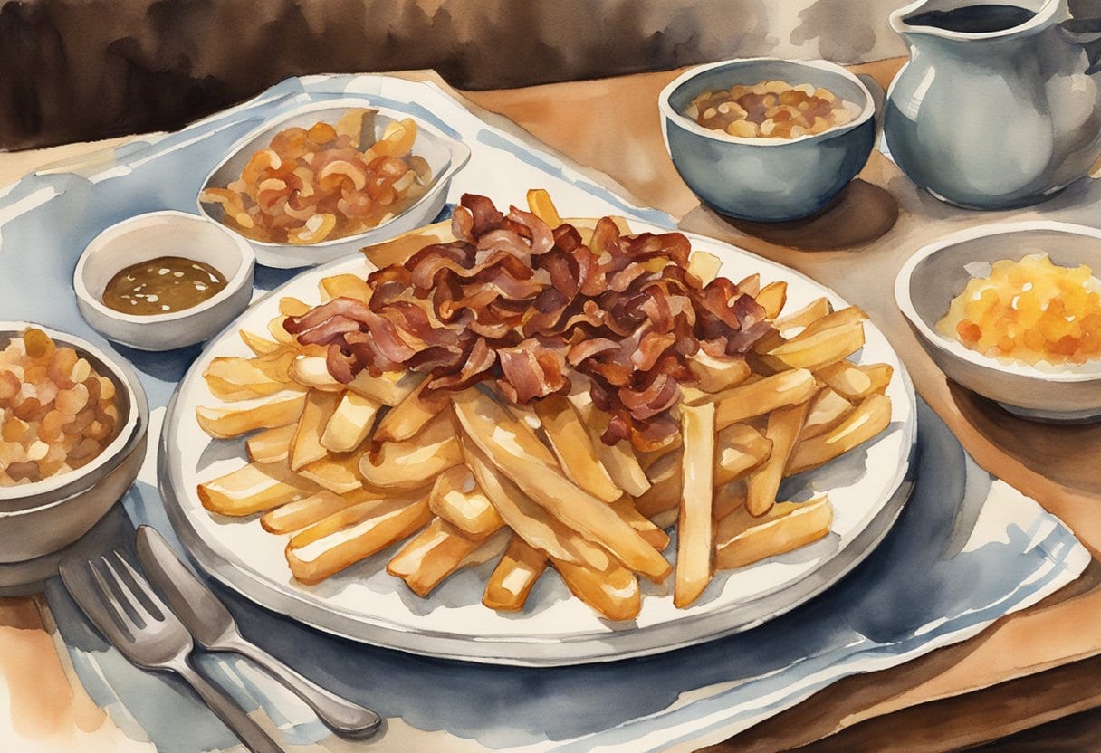 A steaming plate of poutine râpée topped with crispy bacon and caramelized onions, surrounded by a cozy Canadian kitchen setting