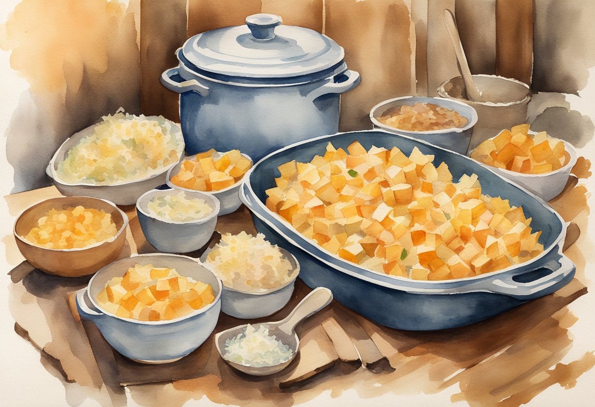 A rustic wooden table with a steaming casserole dish of sweet grated potato and apple Acadian poutine, surrounded by other grated potato dishes