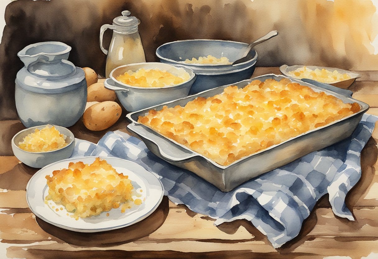 A bubbling dish of cheesy grated potato bake sits on a rustic wooden table, surrounded by other grated potato dishes, evoking the warmth of Canadian comfort food