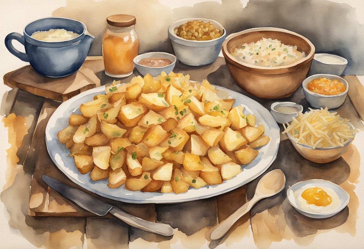 A rustic wooden table adorned with a variety of grated potato dishes, including Acadian poutine à la râpure, showcasing the diverse and comforting Canadian comfort food