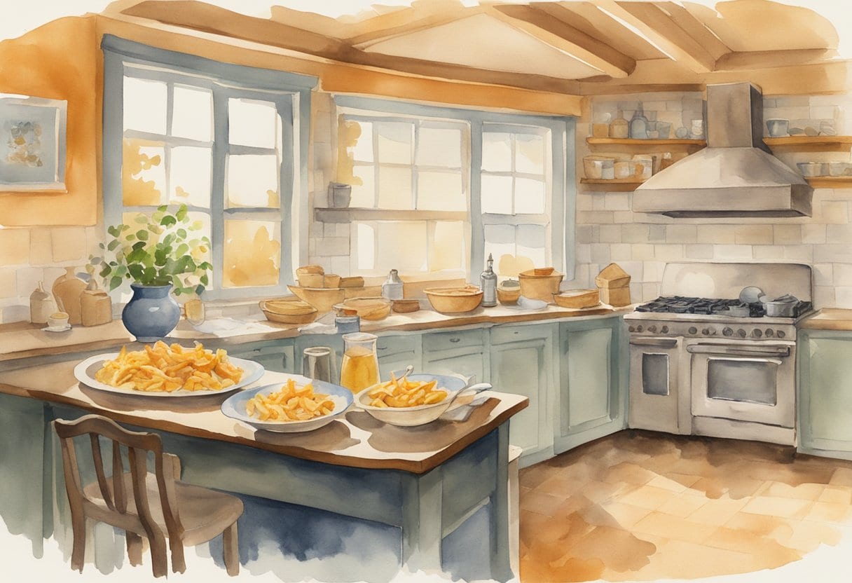 A cozy kitchen with a steaming bowl of Acadian poutine à la râpure, surrounded by grated potato dishes, representing Canadian comfort food