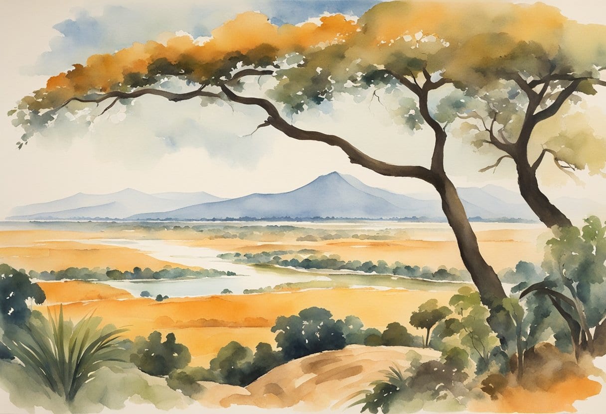 African landscape with the Niger River winding through lush jungle and savanna, with distant mountains on the horizon