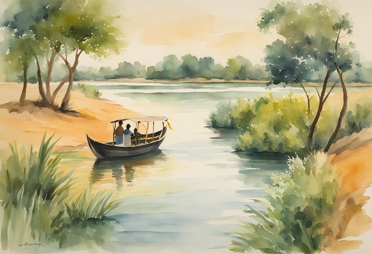 A small boat sails along the wide Niger River, surrounded by lush greenery and wildlife, as it journeys towards the ancient city of Ségou
