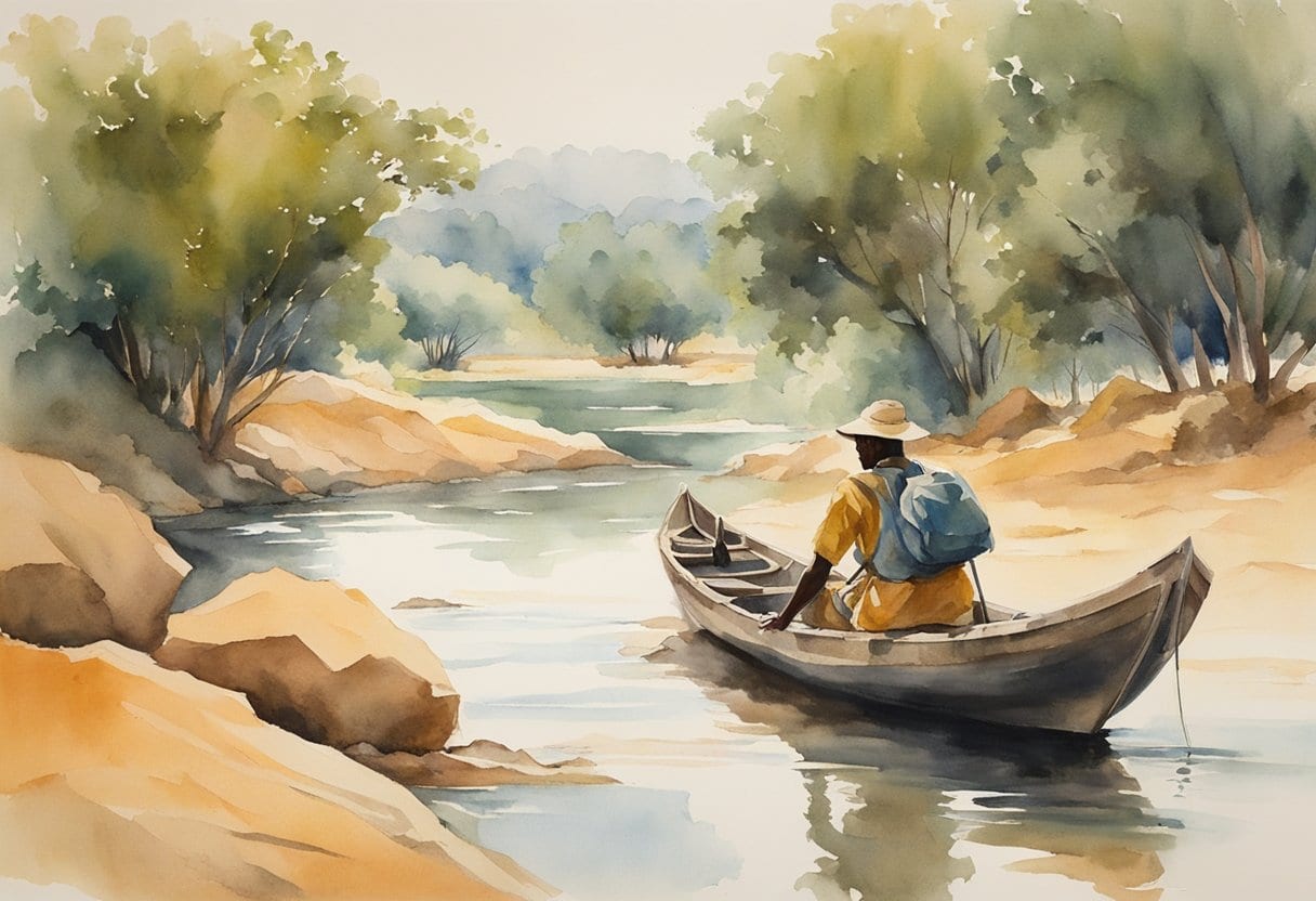 An explorer navigates the Niger River, surrounded by lush African landscapes and local villages