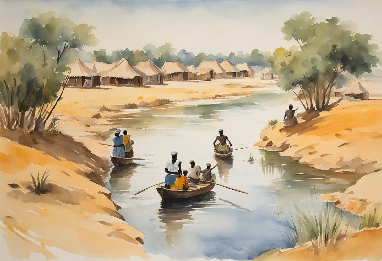 Mungo Park navigating the Niger River amidst the Mandinka People's village