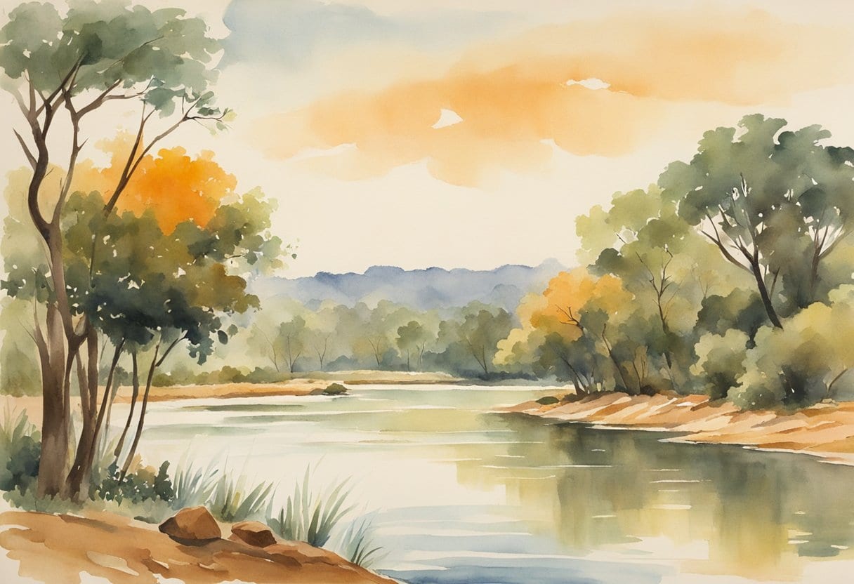 A winding Niger River flows through lush African landscape, with towering trees and wildlife on its banks