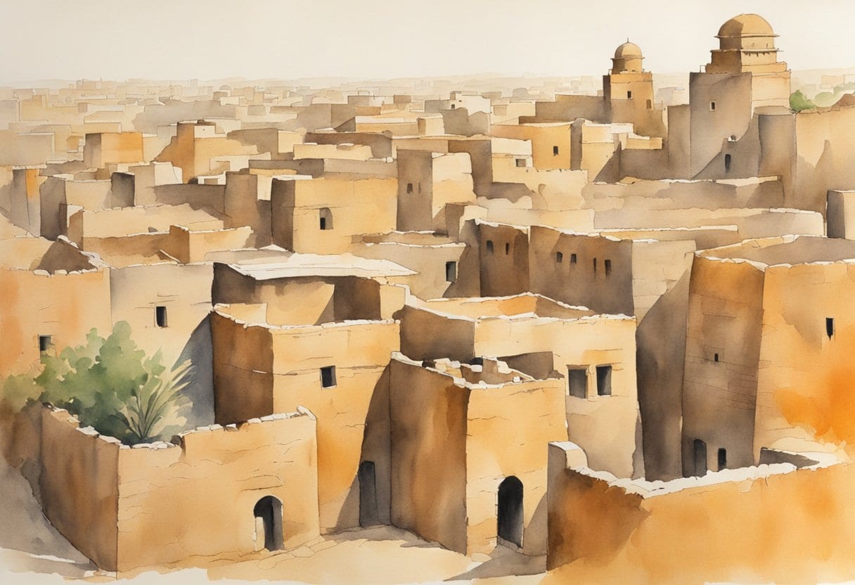 Mudbrick buildings dot the Timbuktu skyline, housing universities and scholarly centers, showcasing the unique African architecture
