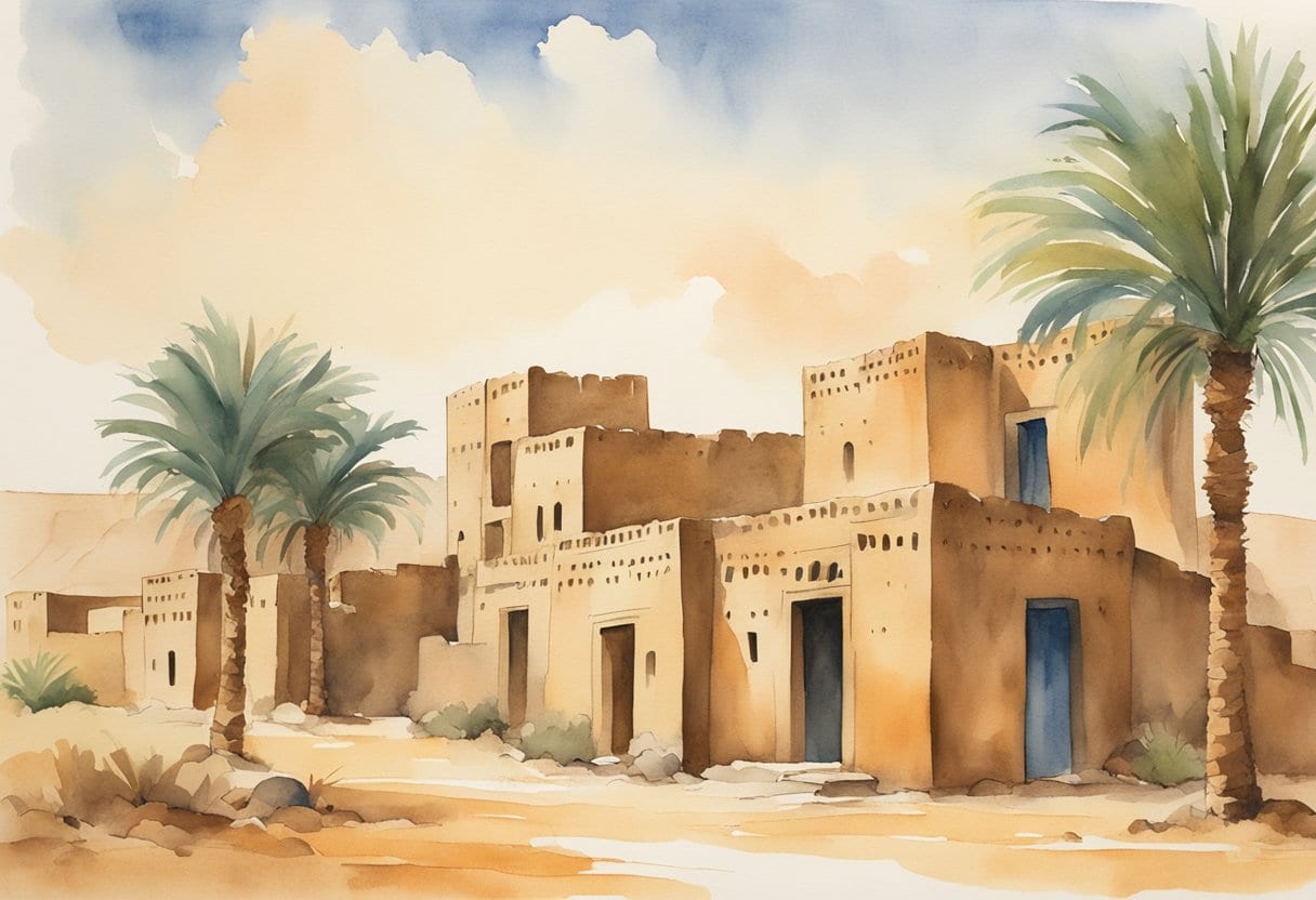 A cluster of mudbrick buildings in Timbuktu, surrounded by palm trees and the desert landscape, with the iconic architecture of the universities standing out