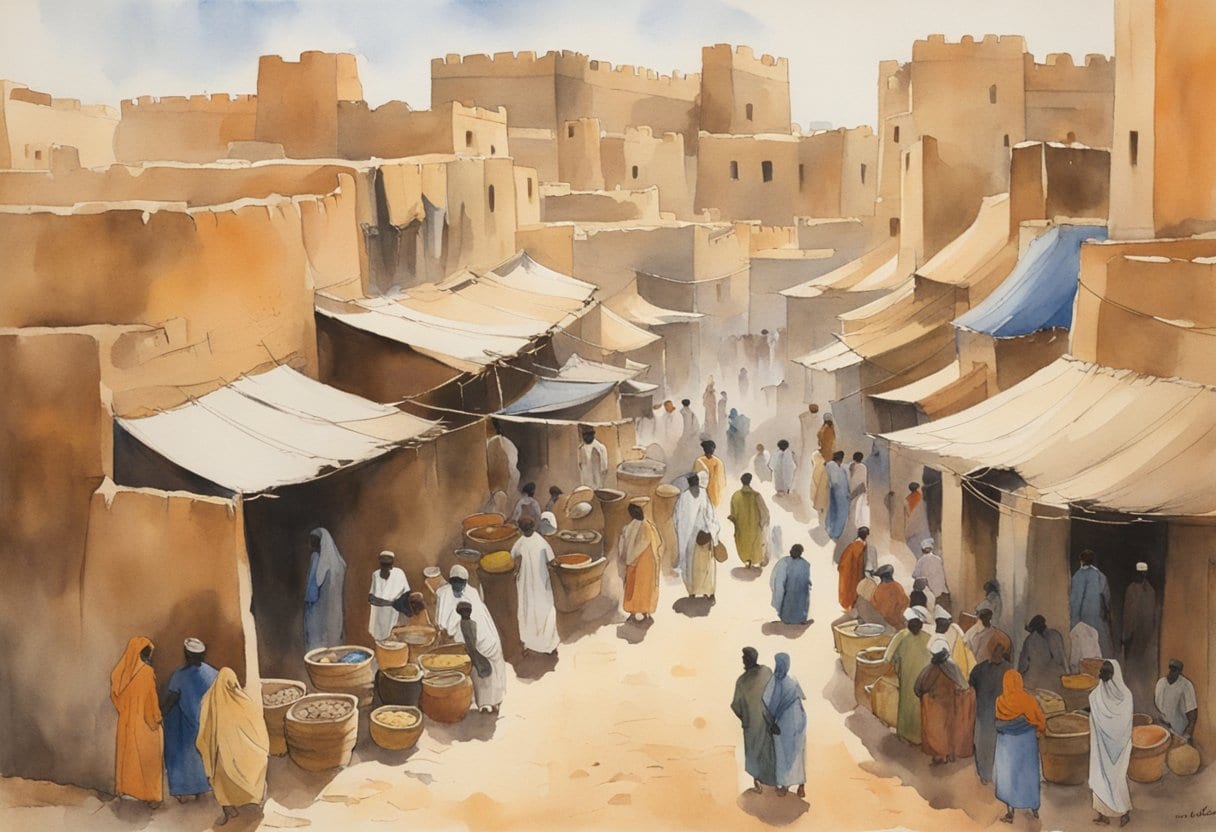 A bustling marketplace in Timbuktu, with mudbrick buildings and bustling scholarly centers, surrounded by the vibrant African landscape