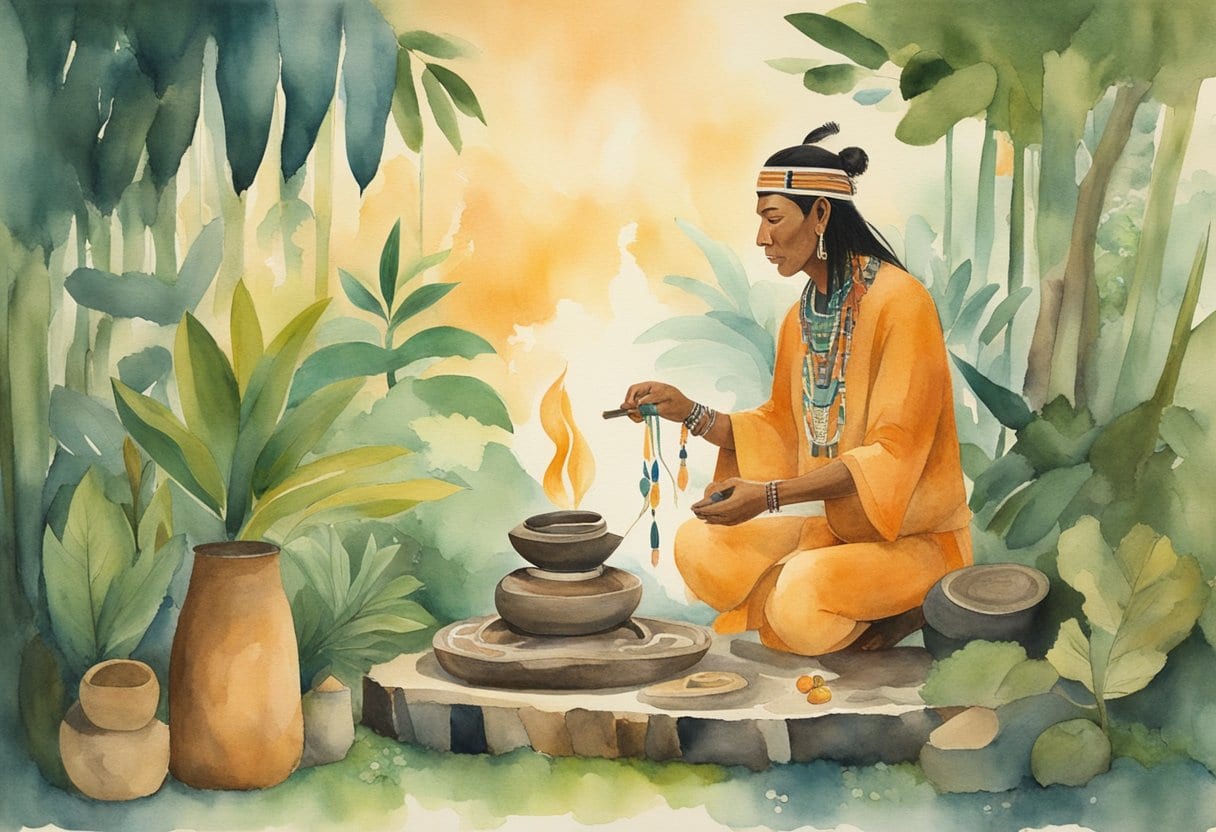 A shaman prepares a traditional Amazonian healing ceremony with Sananga, surrounded by lush rainforest and tribal artifacts