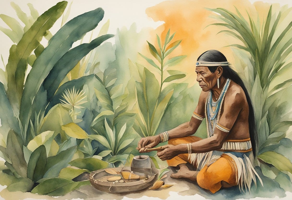 A Matsés shaman prepares a healing ritual, surrounded by Amazonian plants and traditional tribal tools