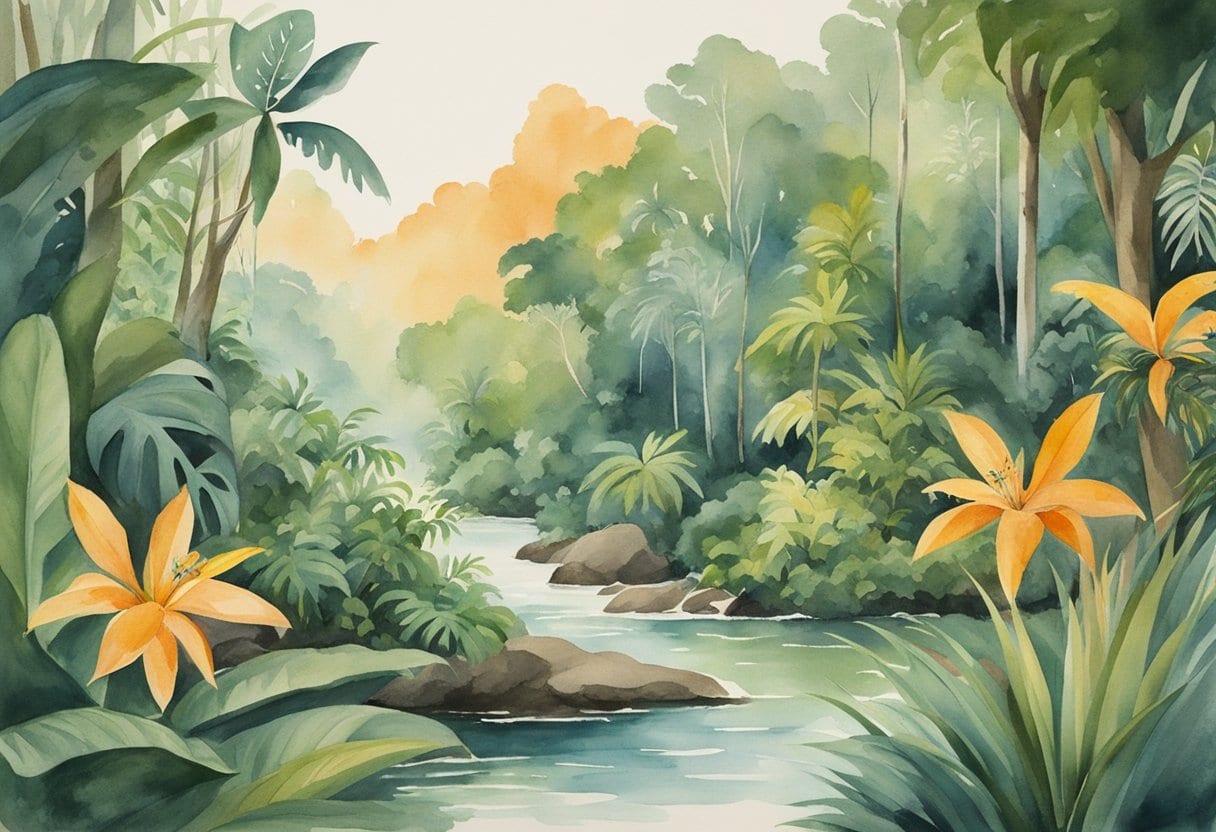 A lush Amazonian rainforest with vibrant plants and a serene river, where a tribal healer prepares traditional Kambo and Sananga remedies