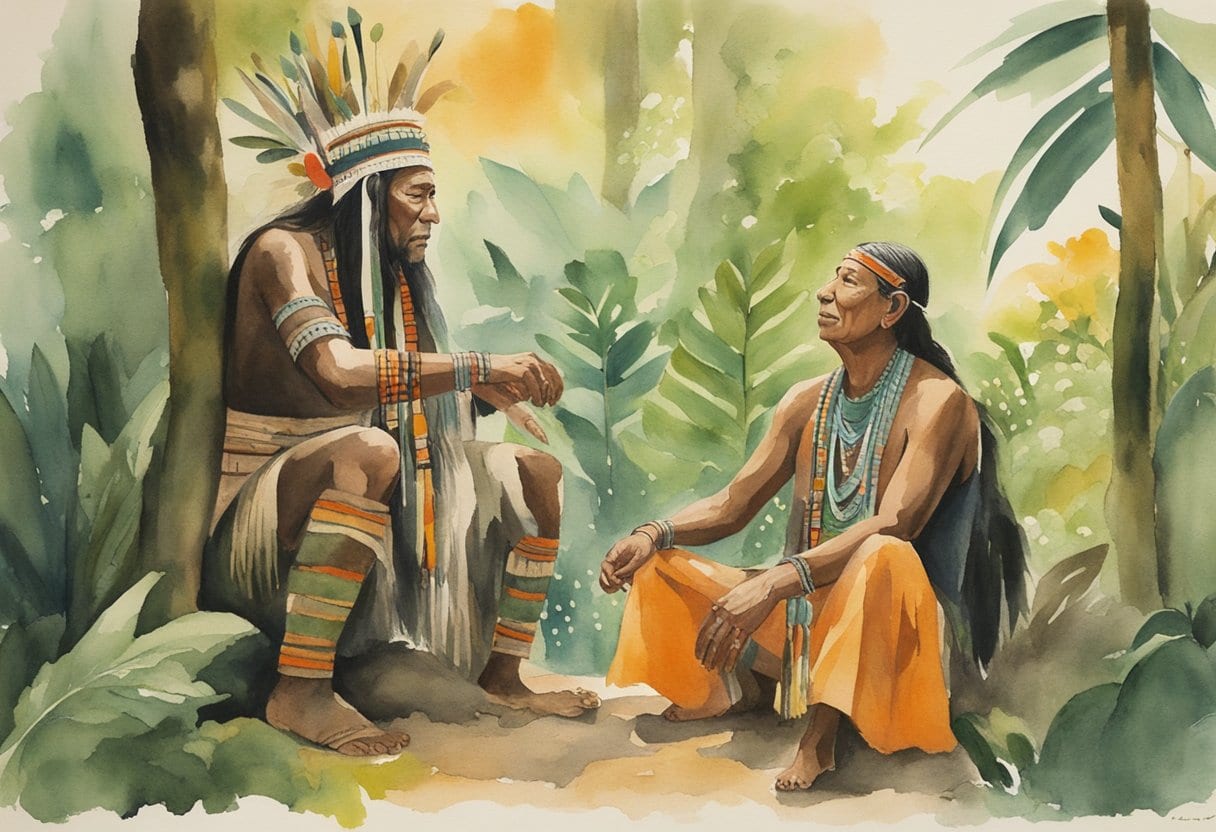 A tribal shaman administers Sananga drops to a patient, surrounded by lush rainforest and traditional Amazonian artifacts