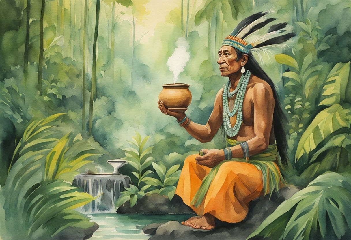A shaman in the Amazon rainforest prepares a traditional brew of Sananga, surrounded by lush greenery and vibrant wildlife