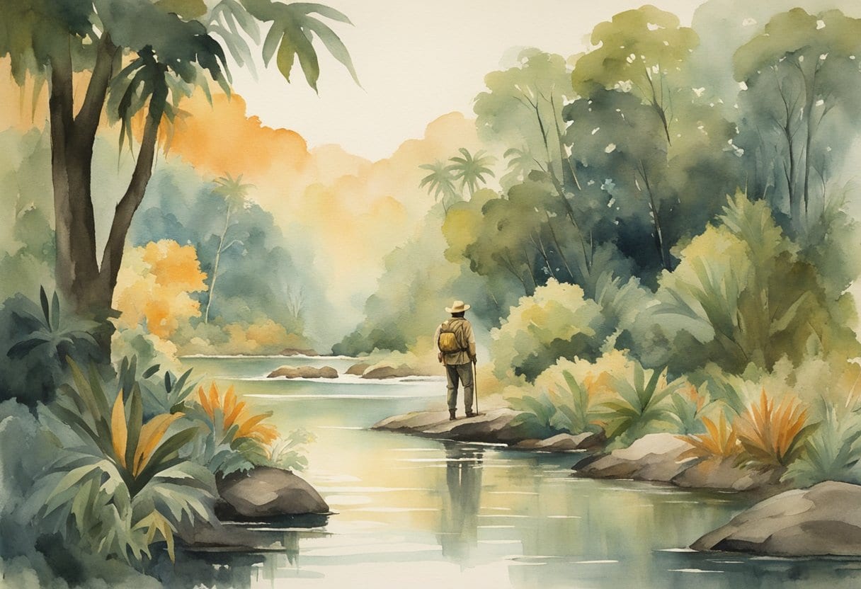 An explorer standing by a river, surrounded by dense jungle and exotic wildlife, with a sense of determination and adventure in his eyes