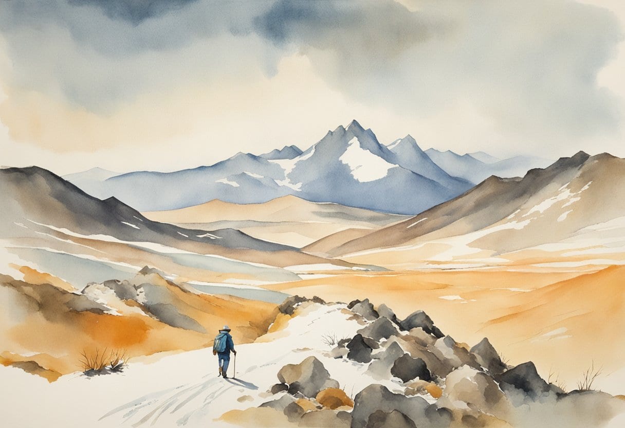 A rugged landscape of snow-capped peaks and barren plains, with a lone figure trekking through the harsh terrain