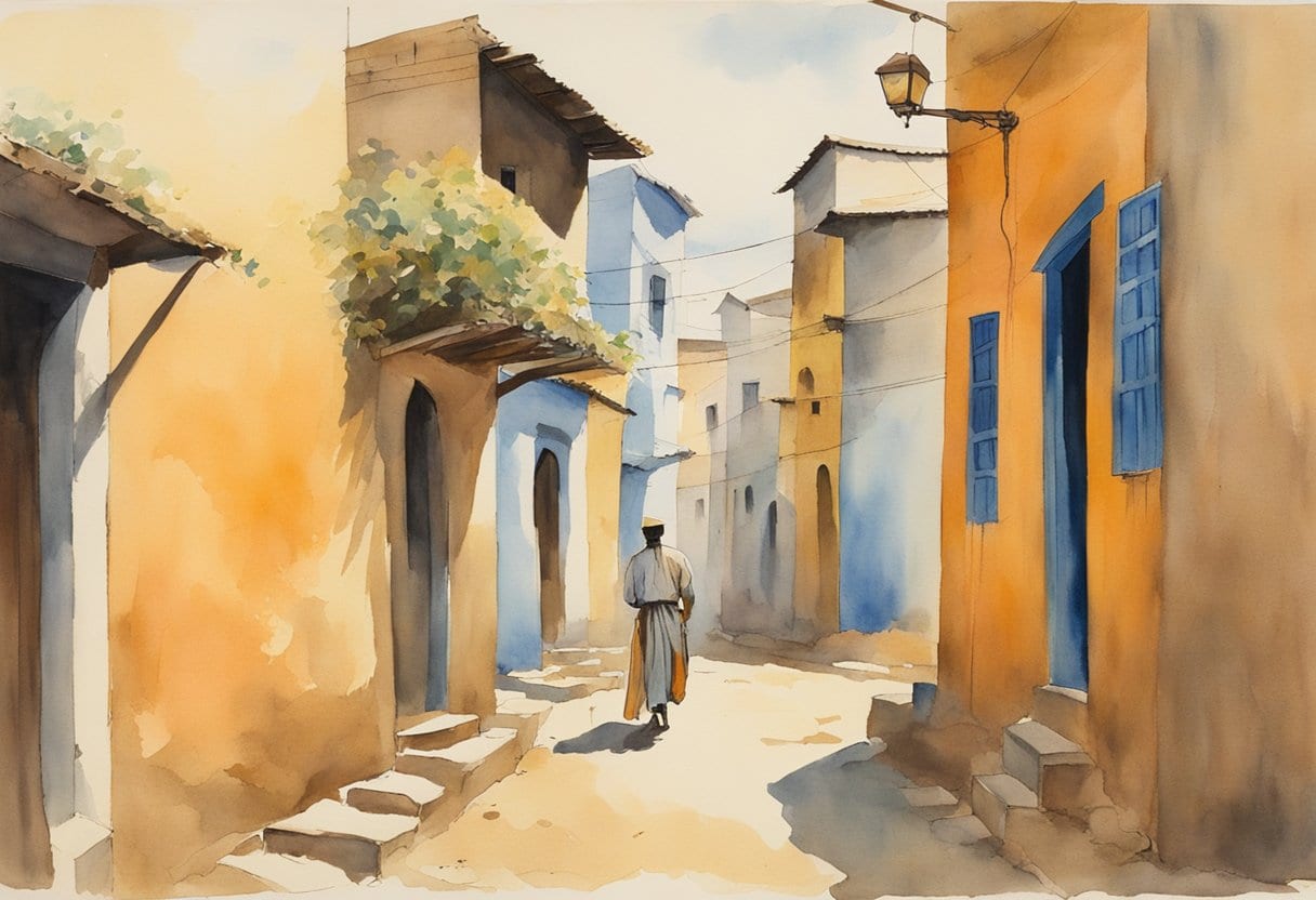 Richard Francis Burton sneaking through the narrow streets of Harar on a secret mission, surrounded by ancient buildings and mysterious alleyways