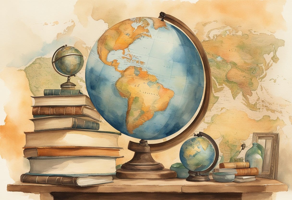 A globe surrounded by books and ancient artifacts, with a map of the world in the background