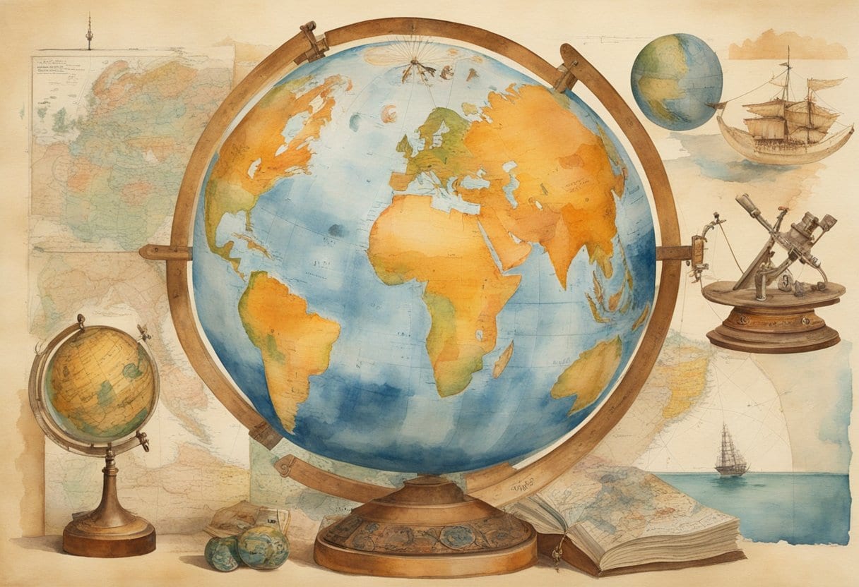 A globe surrounded by various exotic artifacts and maps, symbolizing the global adventures of explorer and translator Richard Francis Burton