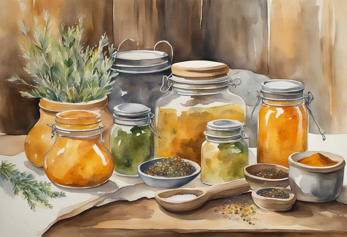 A rustic wooden table adorned with jars of saffron, herbs, and spices, surrounded by folk healing tools and bubbling spice elixirs