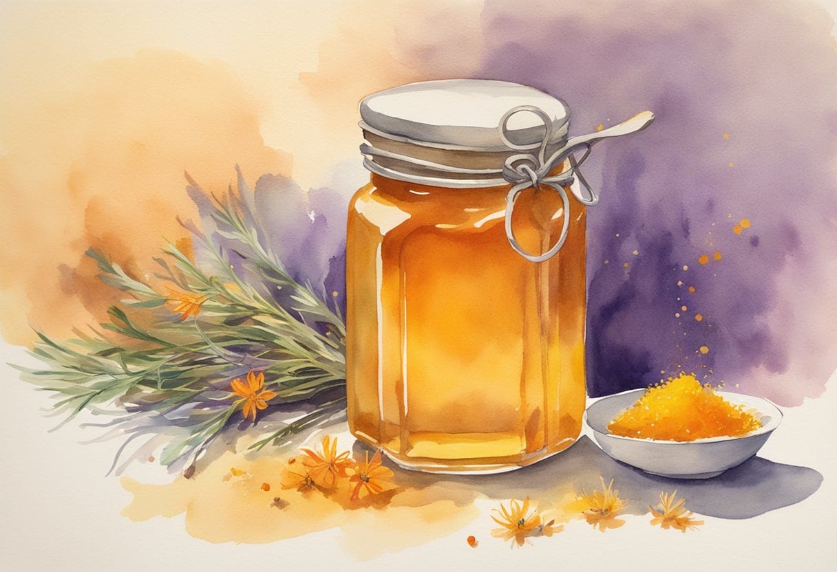 A small jar of saffron-infused honey surrounded by colorful saffron threads and dried herbs, with a warm, inviting glow emanating from the elixir