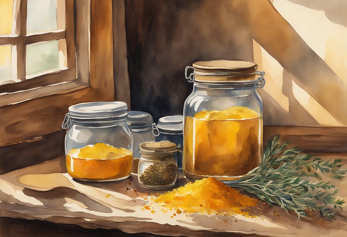 A small jar of golden saffron paste sits on a rustic wooden table, surrounded by various dried herbs and spices. The warm sunlight streaming in through a nearby window highlights the vibrant color of the paste, evoking a sense of ancient folk healing and spice elixirs