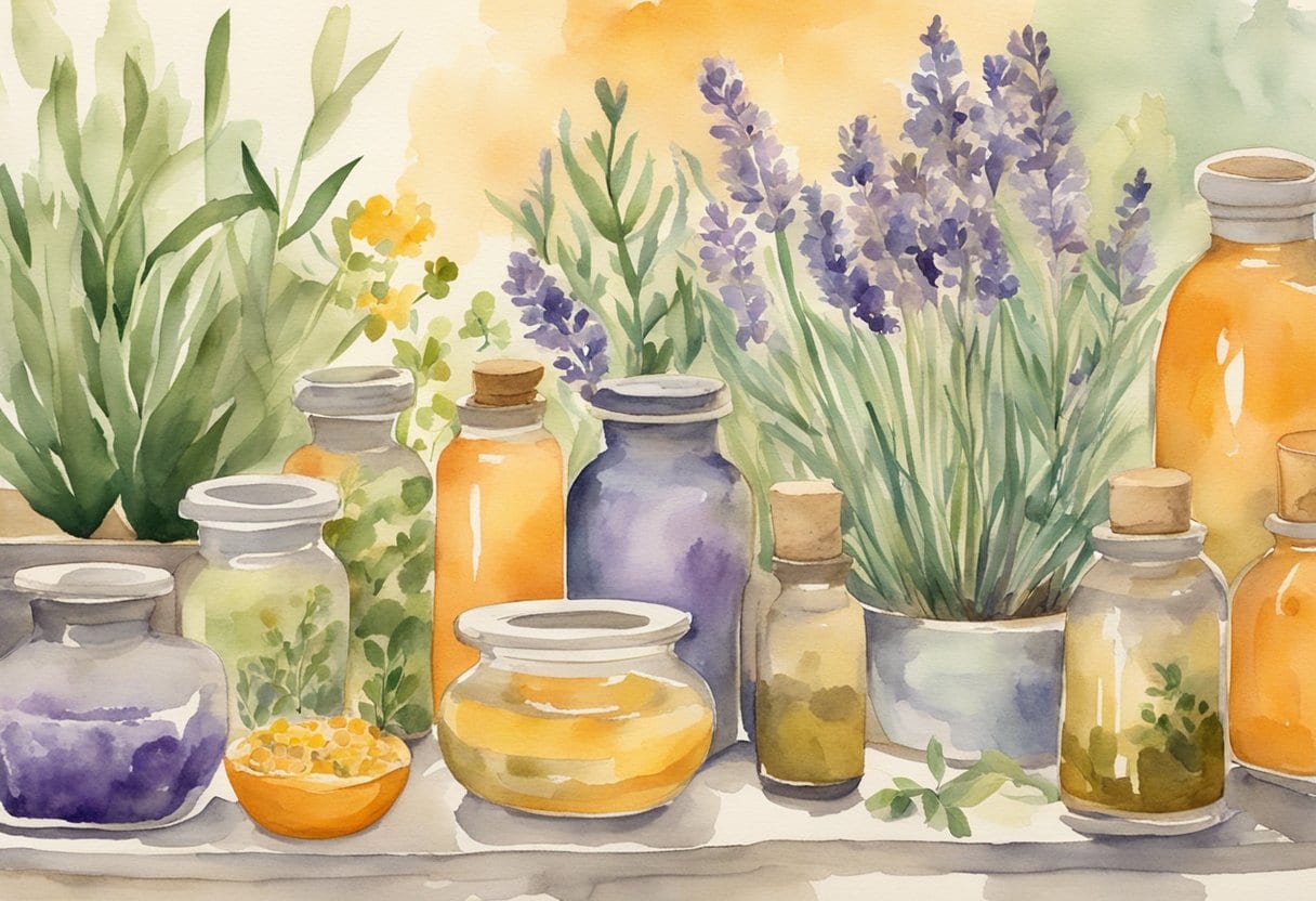 A tranquil herbal garden with saffron and lavender plants, surrounded by bottles of elixirs and healing remedies