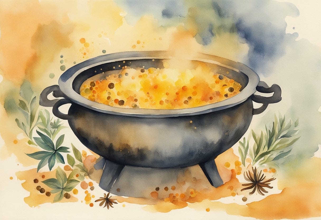 A bubbling cauldron emits a warm glow, filled with swirling saffron-infused herbal brew. A collection of exotic spices and healing herbs surround the vessel