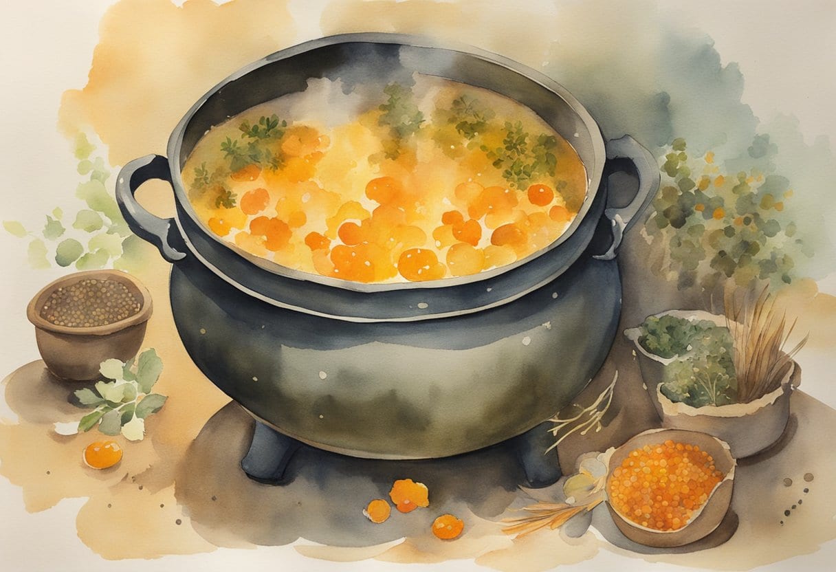 A bubbling cauldron filled with saffron, herbs, and spices, emitting a warm and inviting aroma