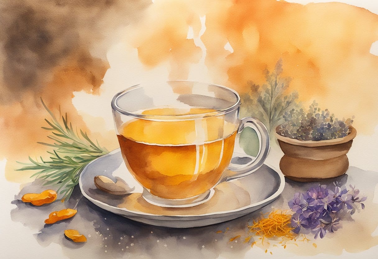 A steaming cup of saffron-infused elixir sits on a rustic wooden table, surrounded by dried saffron strands and folk healing herbs