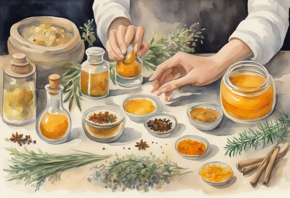 A small vial of saffron elixir surrounded by healing herbs and spices, with a folk healer's hands preparing the traditional remedy