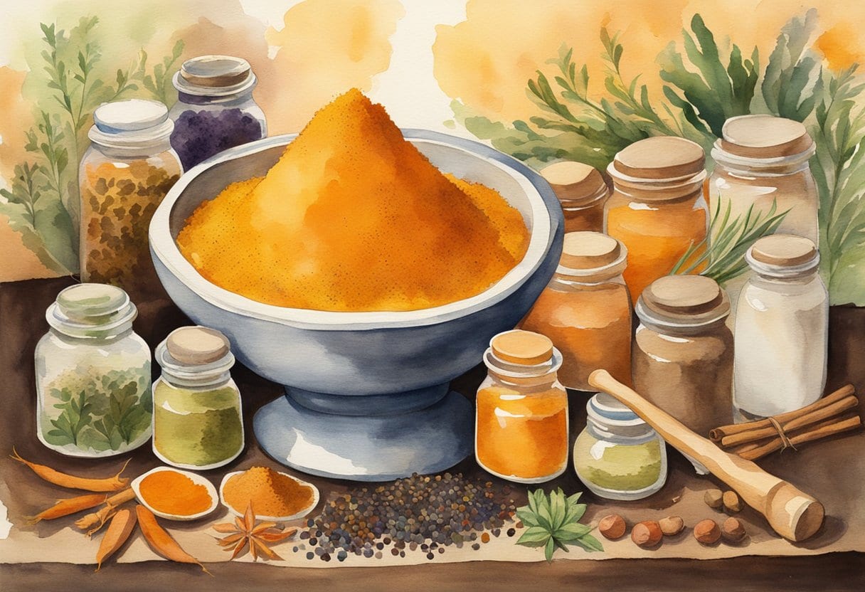 A mortar and pestle grind saffron into a vibrant elixir, surrounded by jars of healing spices and herbs
